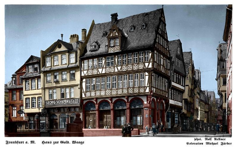 Haus zur Goldenen Waage um 1900, Fachwerkhaus, Postkartekoloriert